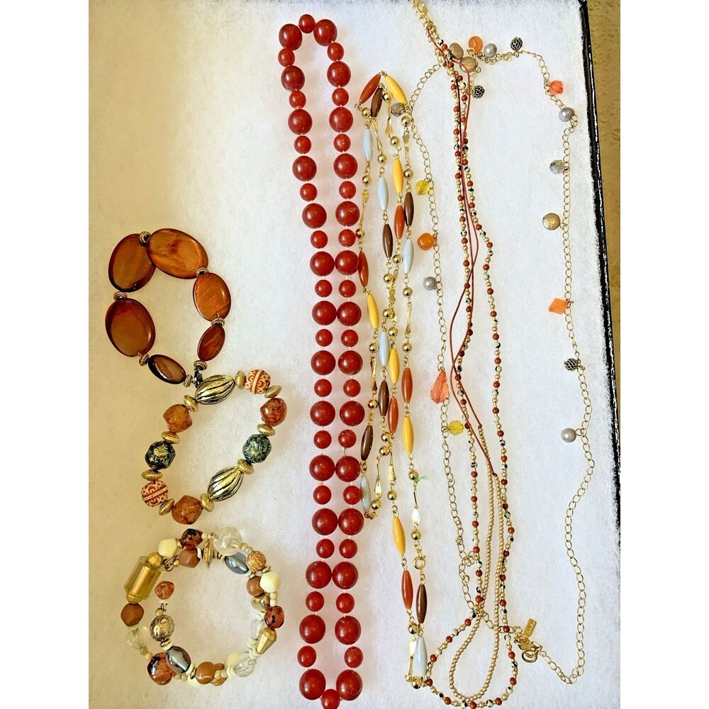 Earth Tone Jewelry Lot 7 Pc Beaded Necklaces Bracelets Amber Brown Artisan Boho